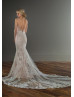 Sleeveless Beaded Ivory Lace Tulle Deep V Back Wedding Dress With Pink Lining